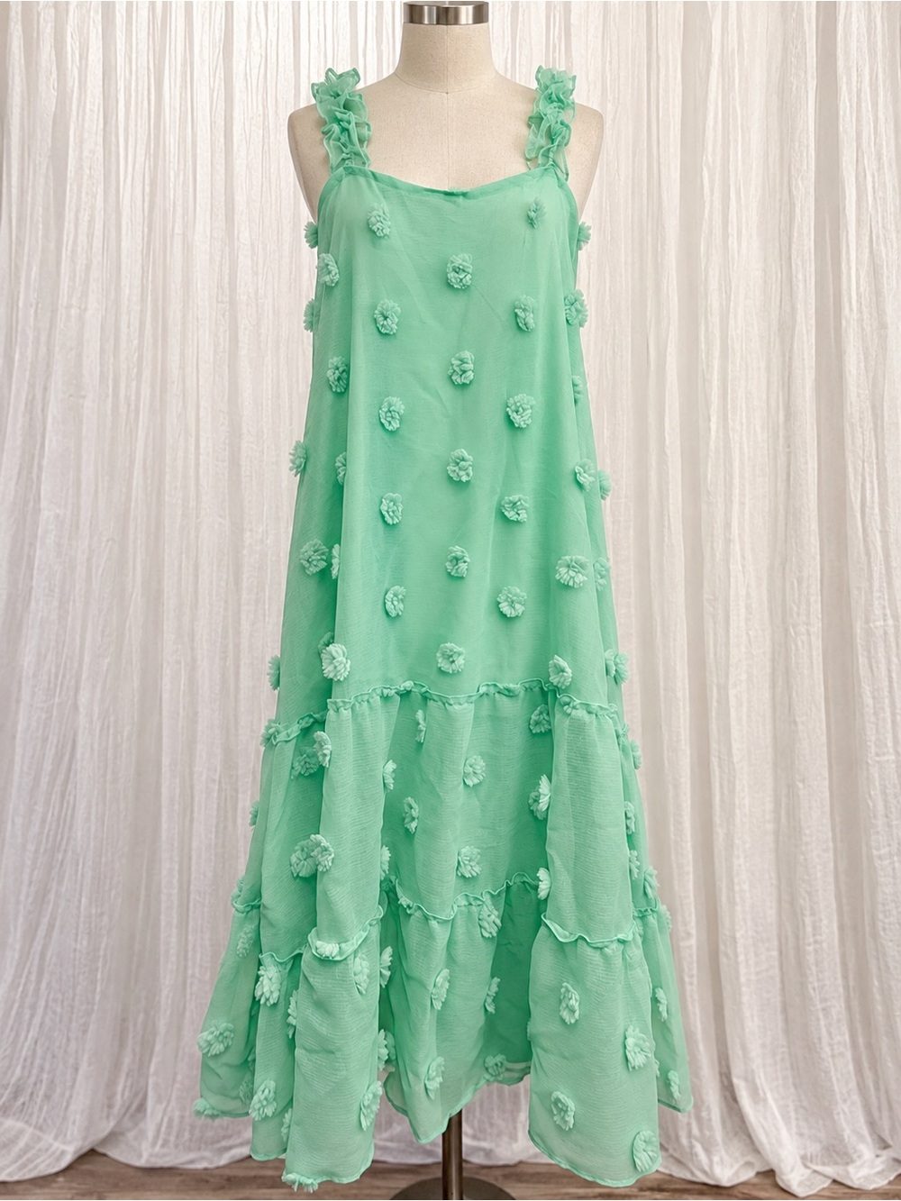Woman’s Mint Green Pom-Pom Tiered Dress